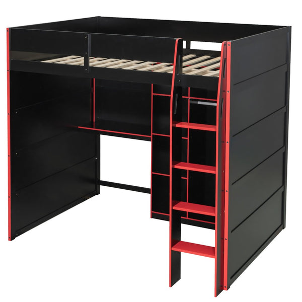 English Elm Full Size Loft Bed with Rgb Lighting Desk Open Wardrobe and Storage for Gaming Rooms Red LT000277AAR