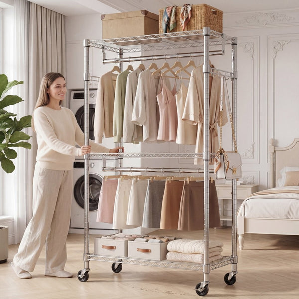 English Elm Heavy Duty Carbon Steel Rolling Garment Rack with Wire Shelving Dual Rods and Side Hooks Chrome W5386P480827