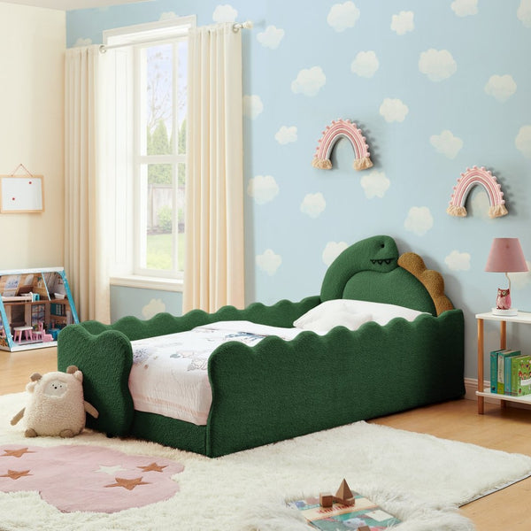 English Elm Twin Dinosaur Boucle Upholstered Kids Bed Solid Wood Frame with Padded Safety Rails Green W1413P385005