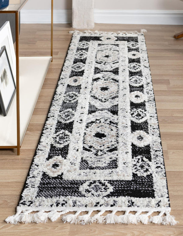Unique Loom Cherokee Boone Machine Made Geometric Rug Fossil Gray, Ivory/Black 2' 0" x 12' 2"