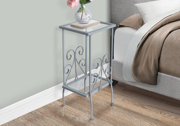 English Elm Accent Two-Tier Tempered Glass End Table with Silver Grey Metal Frame and Elegant Scroll Accents, 30" B2710P219207