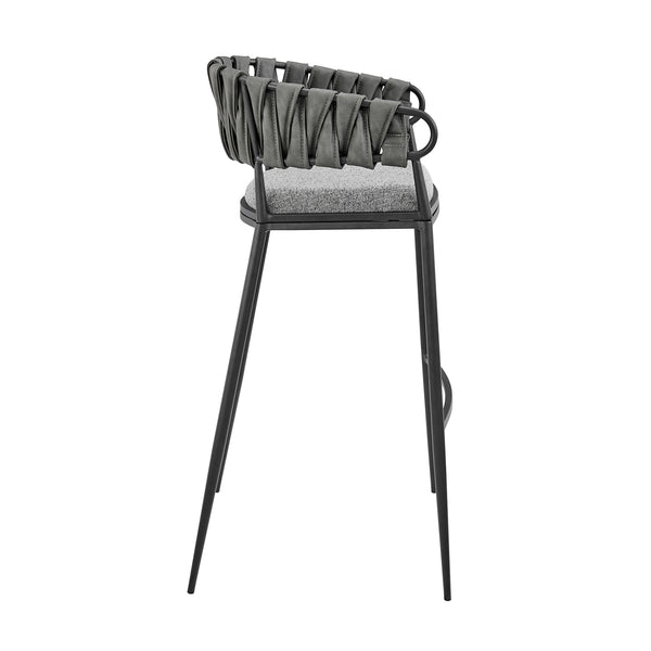 English Elm Zaren 30" Bar Stool — Black Metal Frame, Gray Faux Leather & Fabric Seat, Durable 4-Leg Support B2736P268560