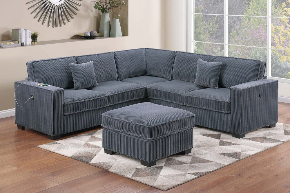 English Elm Contemporary Corduroy Sectional Set with Usb Ports Ottoman and Modular Living Room Seating B011S02200
