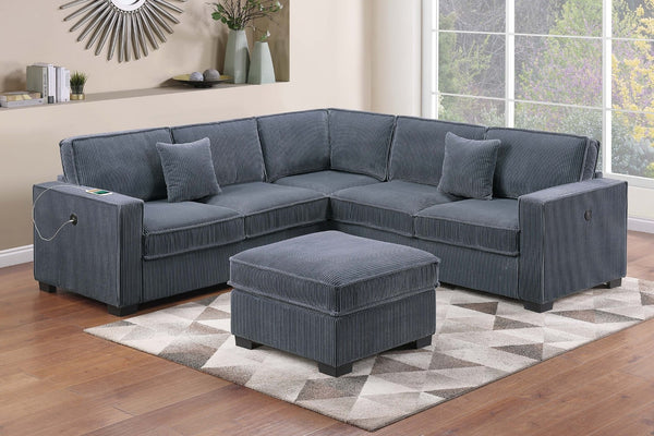 English Elm Contemporary Corduroy Sectional Set with Usb Ports Ottoman and Modular Living Room Seating B011S02200