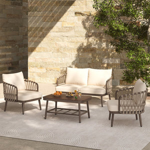 English Elm Christopher Knight Home® - 4-Piece Outdoor Patio Set with Woven Rope U-Back, Steel Frame, Thick Cushions & Acacia Table for Garden Brown+Beige N780P209458R