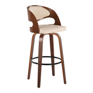 English Elm Fixed-height Swivel Barstools with Walnut Bentwood Legs and Cream Upholstered Seats Set B202S01930