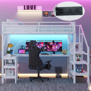English Elm Metal Full Loft Bed with L Shaped Desk Wardrobe Rgb Lighting and Usb Charging White W2593S00054