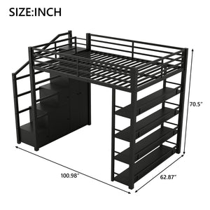 English Elm Queen Metal Loft Bed with Wardrobe Shelves and Staircase Storage in Matte Black N7090004203B