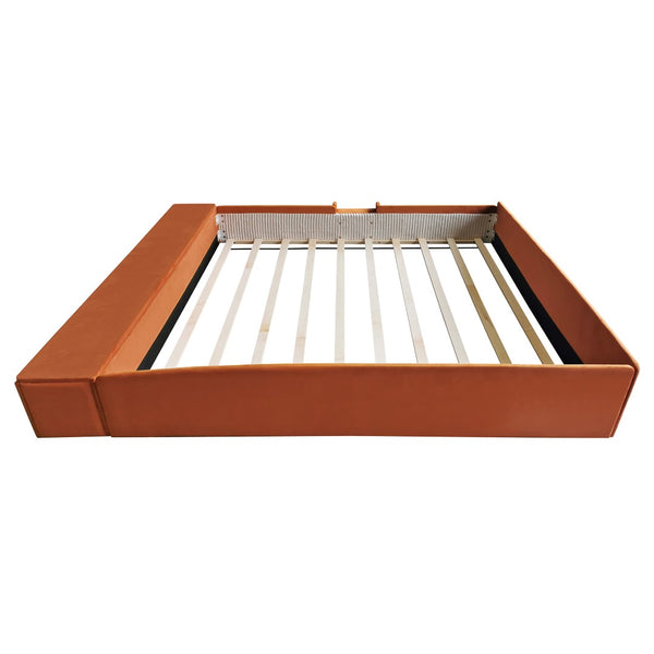 English Elm King Velvet Kids Platform Bed with Padded Guardrails Staircase and Storage Ottoman Brown+White SF000204AAD