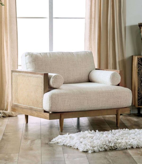 English Elm Mid-Century Beige Chair with Bolster Pillow, Ash Wood Legs & Rattan Panel — Retro Modern Comfort B2741P378636