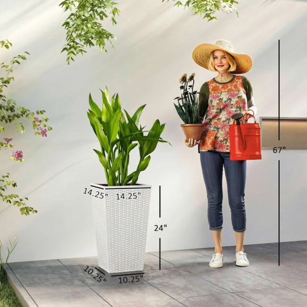 English Elm Plants Box Set of 3 Tall Rattan Style Outdoor Tapered Pots for Patio Decor White T3971P476027