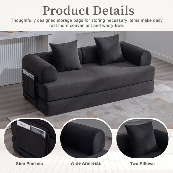English Elm UNITED modular foldable sofa with metal frame, corduroy upholstery, side pocket & quick assembly convenience Black W1568P374081