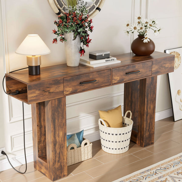 English Elm 63-Inch Farmhouse Console Table — 63" Long Sturdy Engineered MDF Entryway Sofa Hallway Display Surface Reddish Brown W1550P317447