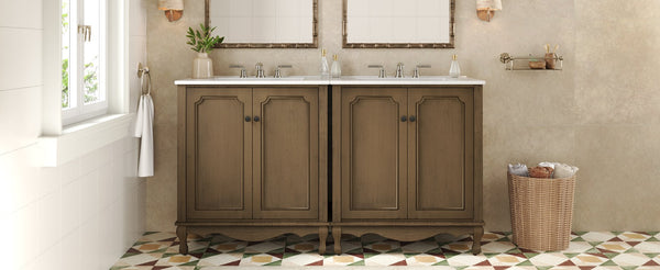 English Elm Christopher Knight Home® - 60" Retro Double Sink Bathroom Vanity Set with Soft-Close Doors, Adjustable Shelves, Rubberwood Legs Antique brown N817P245317L