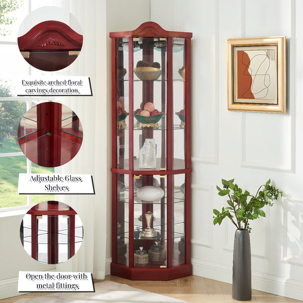 English Elm Lighted Glass Display Cabinet - Elegant Corner Curio With Adjustable Shelves & Integrated Lighting W1758P300136