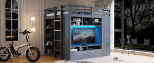 English Elm Full Size Loft Bed with Led Lighting Wardrobe Drawers and Shelves for Teen Rooms Gray LT000499AAE