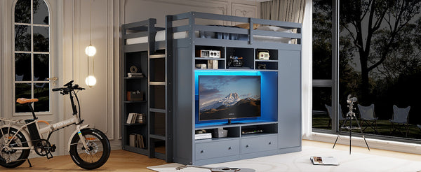 English Elm Full Size Loft Bed with Led Lighting Wardrobe Drawers and Shelves for Teen Rooms Gray LT000499AAE