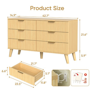 English Elm 6 Drawer Fluted Wood Dresser Natural Finish Compact Chest for Nursery or Bedroom T3773P415502