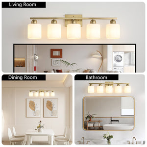 English Elm Gold 5-Light Modern Vanity Light Fixture Over Mirror With Frosted Glass Shades For Elegant Illumination W2312P374857