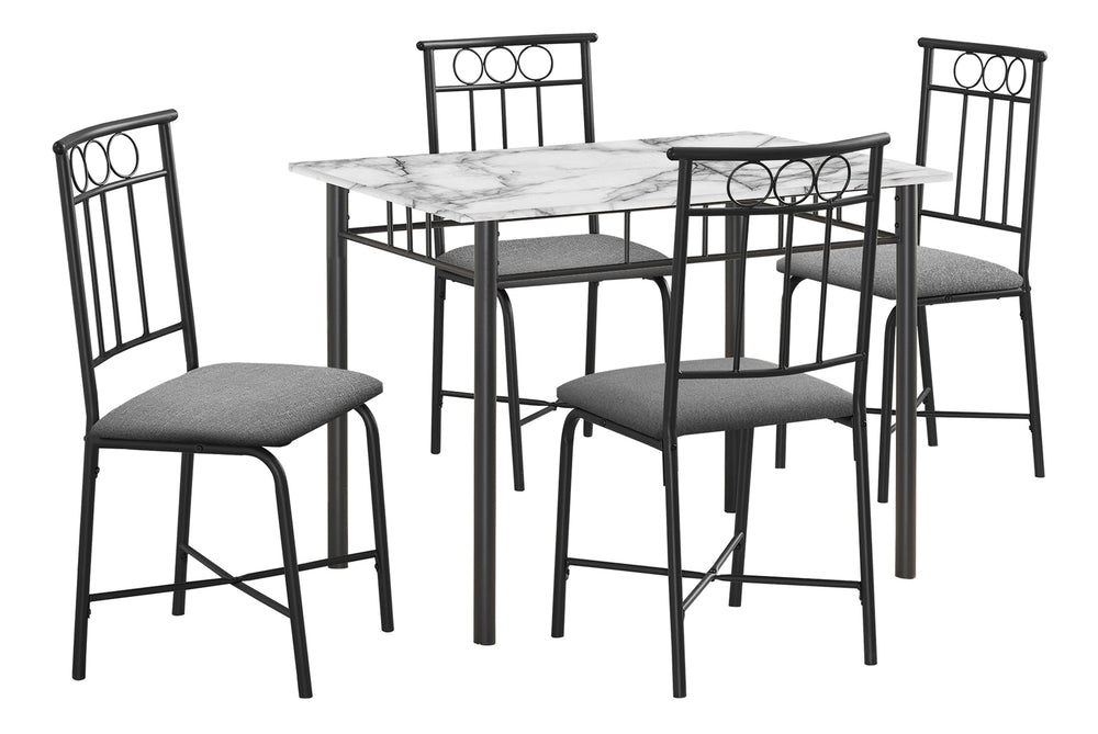 English Elm Dining 5pc Table Set with 40" White Marble Look Top & Grey Upholstered Chairs, Modern Space-Saving B2710P218798