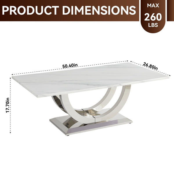 English Elm 50.4 Inch Rectangular Coffee Table Marble Mdf Top Sculptural Steel Arc Base Modern W3357P395502