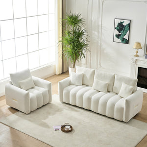 English Elm 80.7 Inch Plush Teddy Velvet 3 Seat Sofa Solid Wood Frame with Six Included Cushions Off White W2564S00068