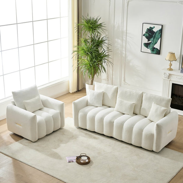 English Elm 80.7 Inch Plush Teddy Velvet 3 Seat Sofa Solid Wood Frame with Six Included Cushions Off White W2564S00068