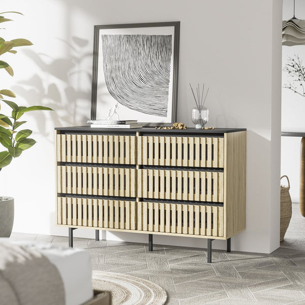 English Elm Fluted,Bedroom Six-Drawer Storage Cabinet Natural+Black | Fluted Vertical Design, Large Capacity, Modern Minimalist Front and Legs 51.96"L W2673P208587