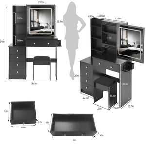 English Elm 37" Vanity Table Set with Led Mirror Stool Built-in Outlets and Hair Dryer Storage Black W3258P448844
