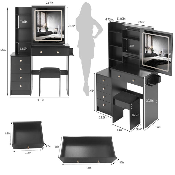 English Elm 37" Vanity Table Set with Led Mirror Stool Built-in Outlets and Hair Dryer Storage Black W3258P448844