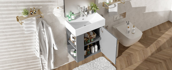 English Elm 21.6" Modern Floating Bathroom Vanity With Ceramic Sink & Open Shelving - Space-Saving Design! N729P170390E