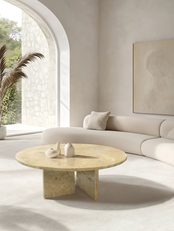 English Elm Glod Yellow Beige Marble Coffee Table – Elegant Natural Stone Accent For Living Room Décor, 27.6" W1696P262764