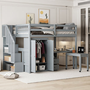 English Elm Queen Murphy Bed with Integrated Desk Cabinet Shelves Space Saving Studio Solution Gray N708S00014E