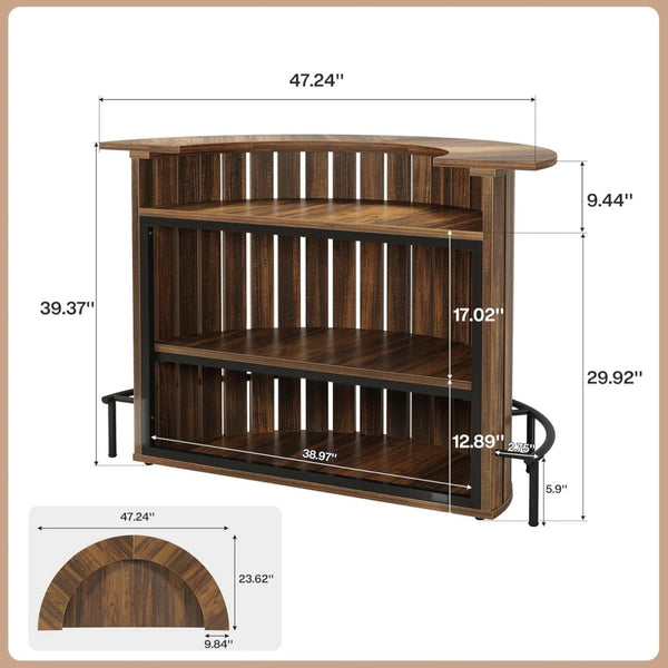 English Elm Stylish Arc Bar Cabinet with Vertical Slat Detail and Four Tier Open Bottle Storage T3971P464538
