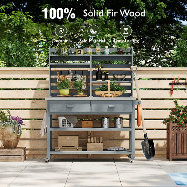 English Elm K&K 64.9" Outdoor Potting Bench with 1.2" Stainless Steel Top, Lockable Wheels, Hutch & Drawers Grey+Blue N707P228274G