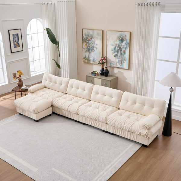 English Elm Modular Cloud Sofa Deep Seat Flannelette Sectional with Round Armrests for Living Room Beige W2120S00049