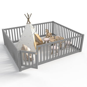 English Elm Queen Kids Floor Bed Pine Wood Frame with Safety Rails Door and Low Profile Design Gray W1580P418053
