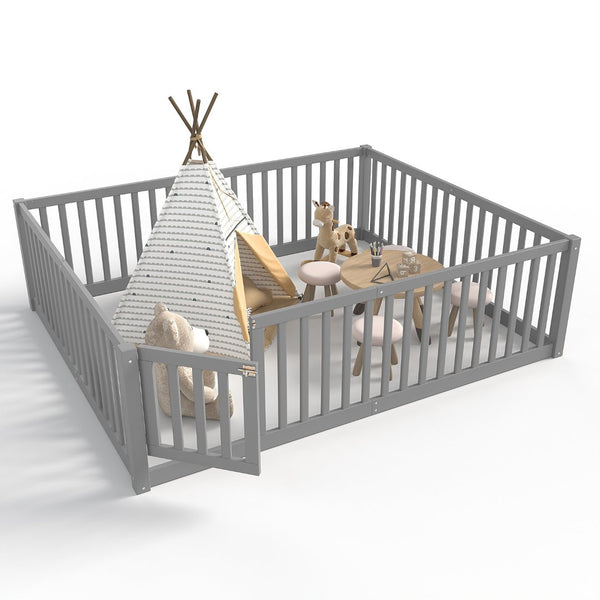 English Elm Queen Kids Floor Bed Pine Wood Frame with Safety Rails Door and Low Profile Design Gray W1580P418053