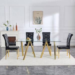 English Elm 71-inch Tempered Glass Dining Table Electroplated Metal Base Open Airy Modern Style Gold W3875S00006