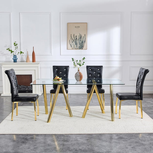 English Elm 71-inch Tempered Glass Dining Table Electroplated Metal Base Open Airy Modern Style Gold W3875S00006