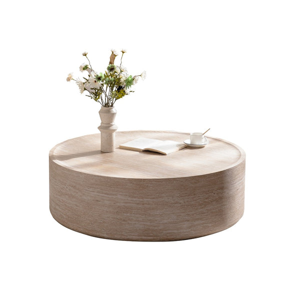 English Elm 39.37" Round Drum Coffee Table with Bold Mars Stone Print for Modern Living Rooms W3081P394201