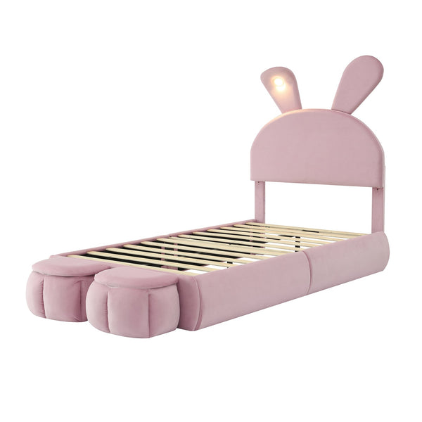 English Elm Twin Upholstered Platform Bed with Cute Cartoon Ears Headboard, LED Light, Adjustable Height, Pink WF321677AAH