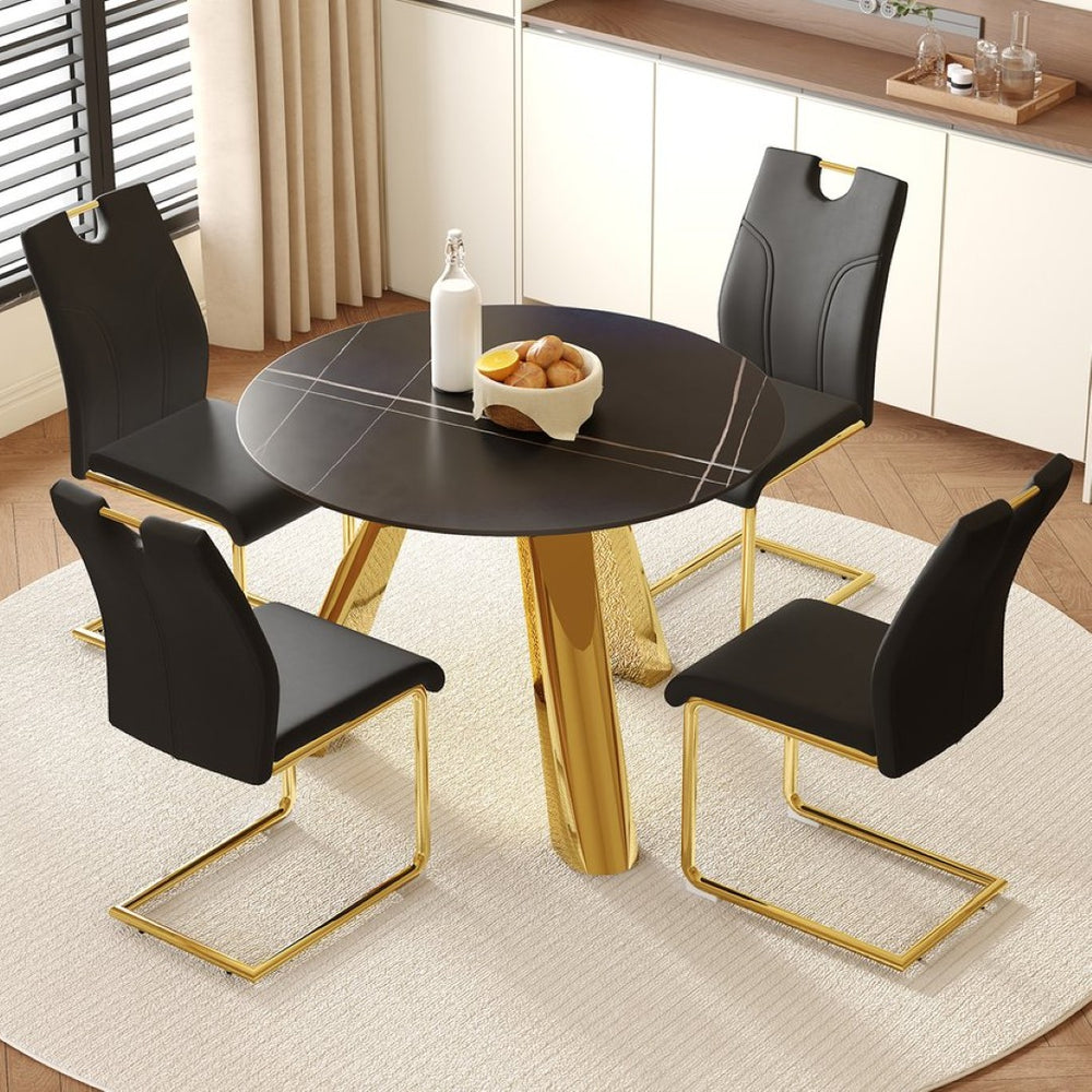 English Elm Table Set - Luxurious 42-Inch Round Dining Table With 4 Black Chairs And Golden Metal Legs For Modern Homes W2920S00043-GIGA