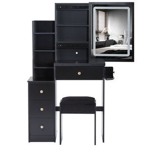 English Elm 29.2" Stylish Left Bedside Vanity Table Set With Led Mirror, Power Station & Cushioned Stool For Comfort W936P202471