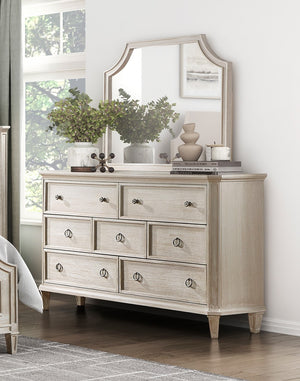 English Elm Traditional Leander 66" 7-Drawer Dresser Light Brown Oak Veneer with Weathered Nickel Ring Pulls and Molding B011P207858