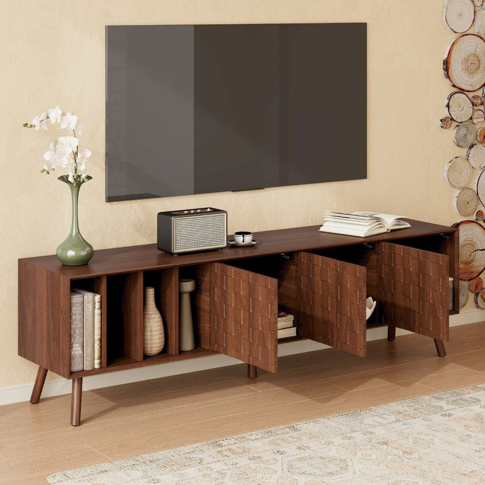 English Elm 68" Mid-century Walnut Media Console with Open Shelves and Soft-close Cabinet Storage N710P446195P