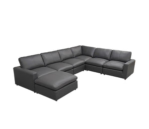 English Elm Leather Match Modular Sectional Sofa with Top Grain Upholstery for Open Living Rooms Blue Gray B2748S00171