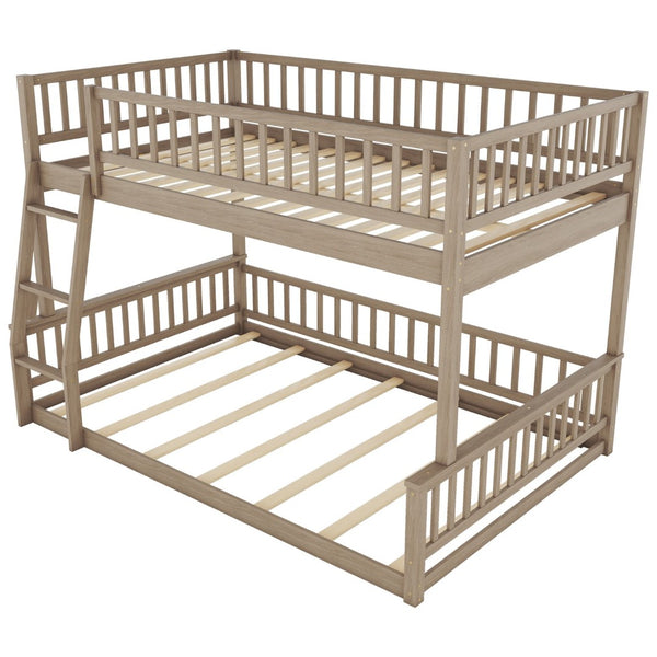 English Elm Full Xl Over Queen Bunk Bed Pine Frame with Guardrails Ladder and Slat Support Walnut GX000450AAD