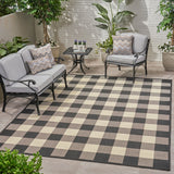 Christopher Knight Home® - Noble House - Crossroads Outdoor 7'10" X 10' Check Area Rug, Black and Ivory