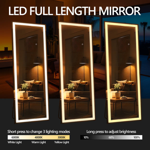 English Elm 65x22 Full Length Mirror with 180 LED Lights, Dimmable 3-Temp Touch Control, Shatterproof Black Frame T3757P347065
